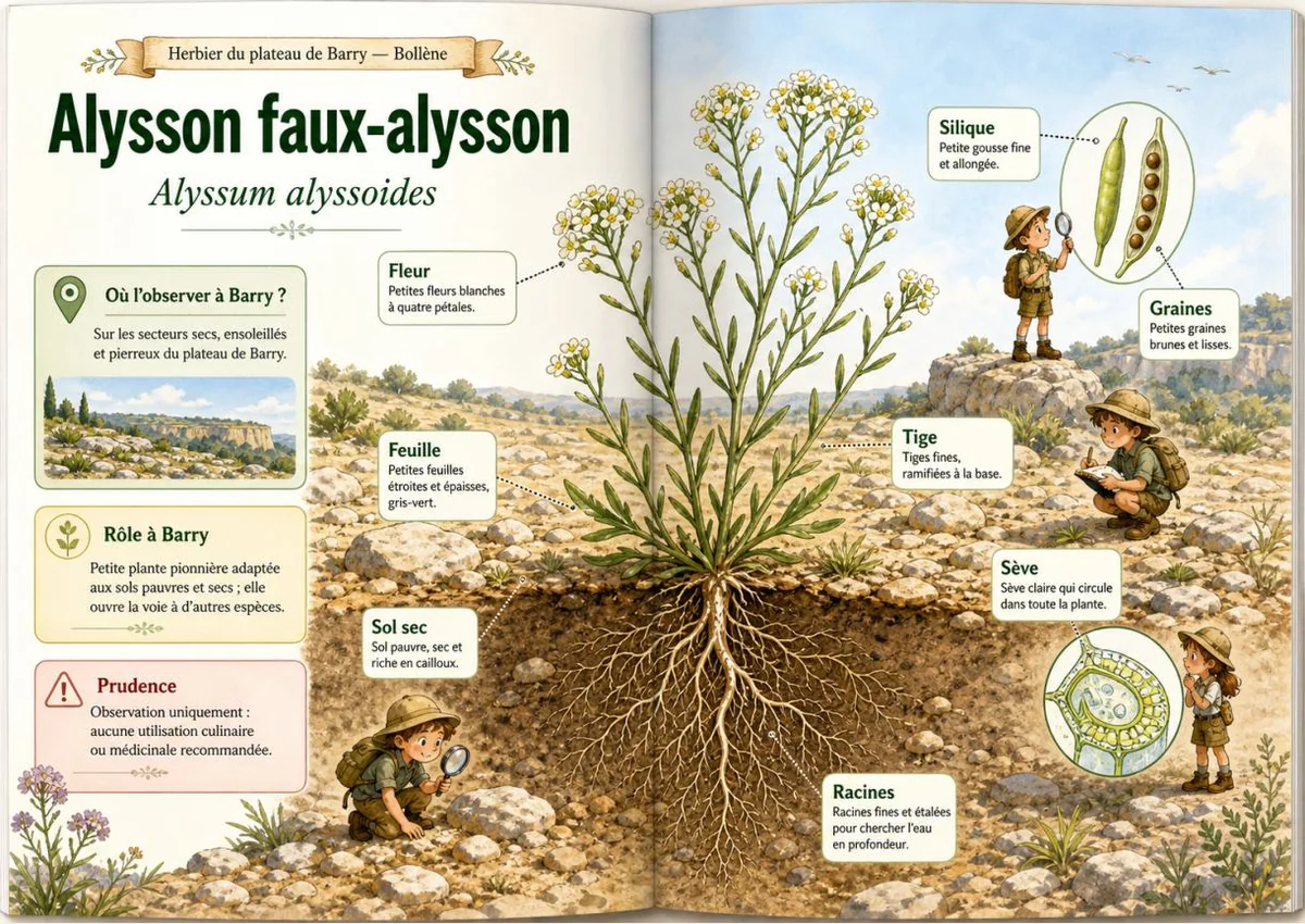 Infographie botanique sur Alysson faux-alysson dans la flore du massif de Barry à Bollène