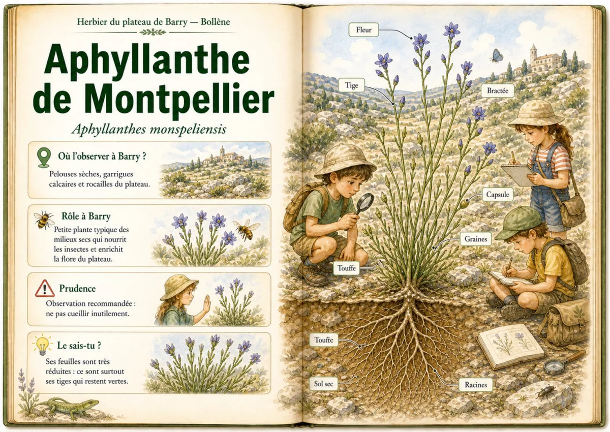 Infographie botanique sur Aphyllanthe de Montpellier dans la flore du massif de Barry à Bollène