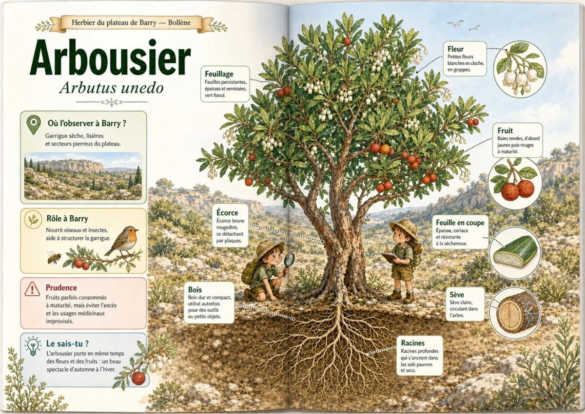 Infographie botanique sur Arbousier dans la flore du massif de Barry à Bollène