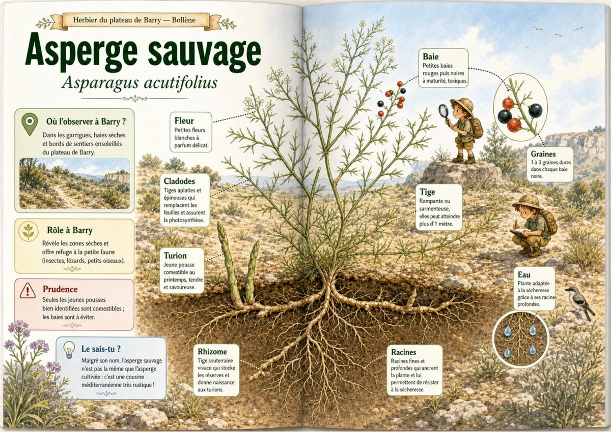 Infographie botanique sur Asperge sauvage dans la flore du massif de Barry à Bollène