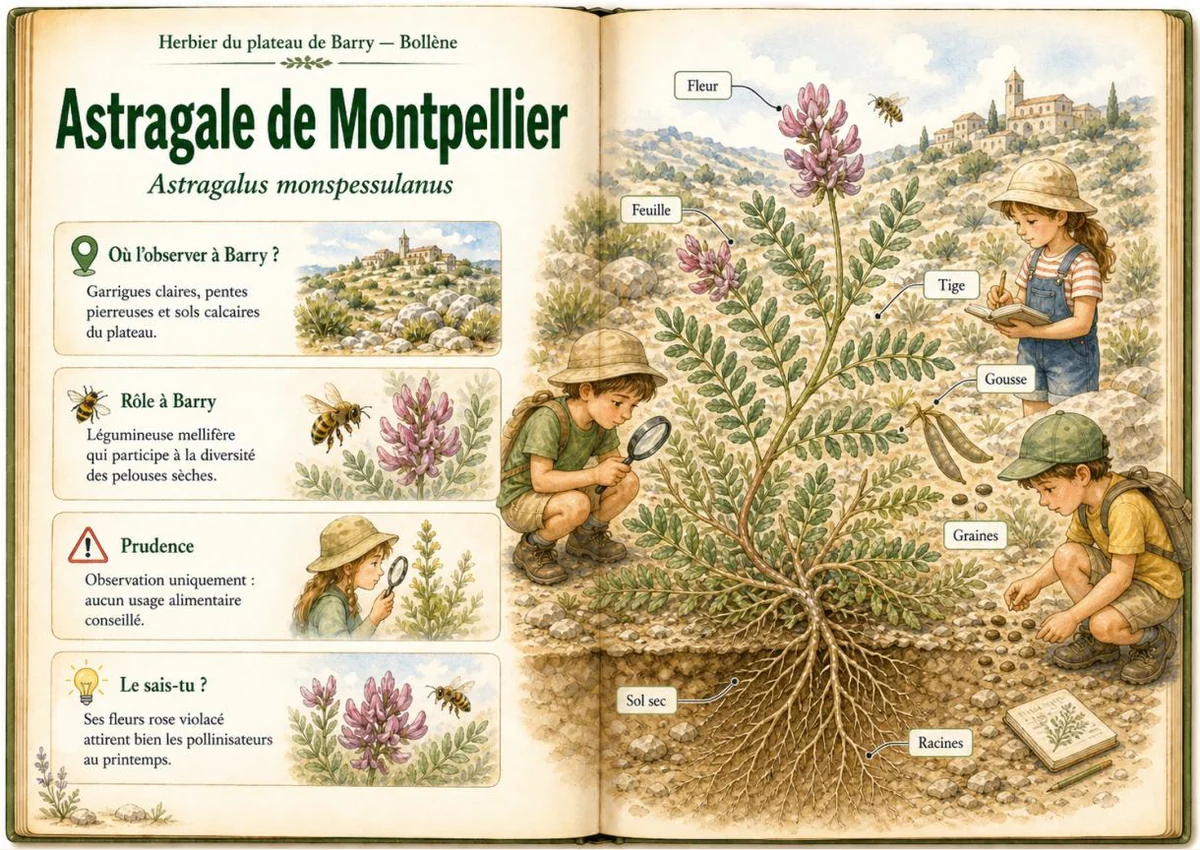 Infographie botanique sur Astragale de Montpellier dans la flore du massif de Barry à Bollène