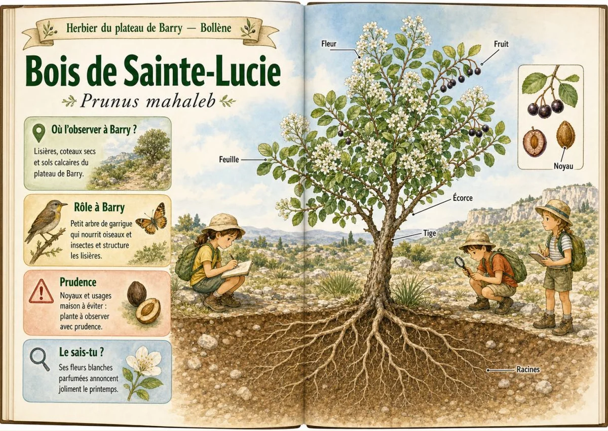 Infographie botanique sur Bois de Sainte-Lucie dans la flore du massif de Barry à Bollène