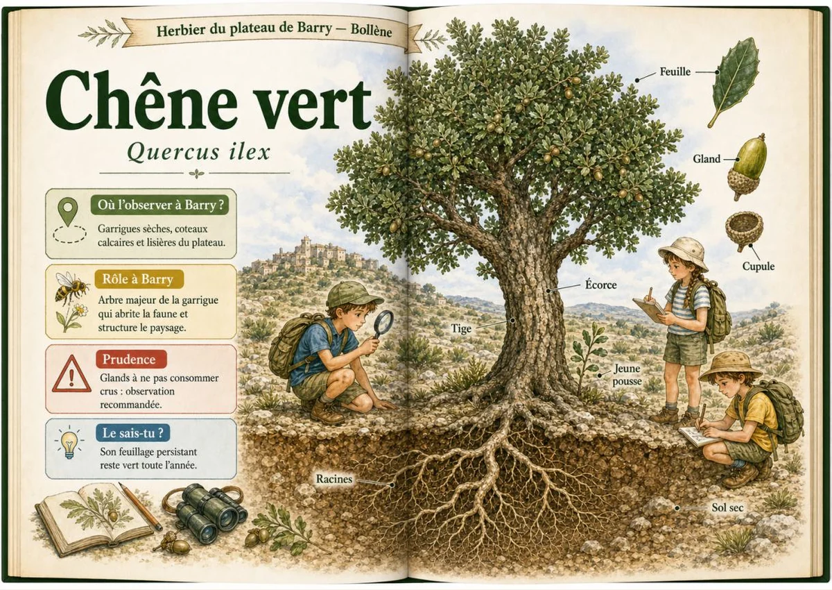 Infographie botanique sur Chêne vert dans la flore du massif de Barry à Bollène