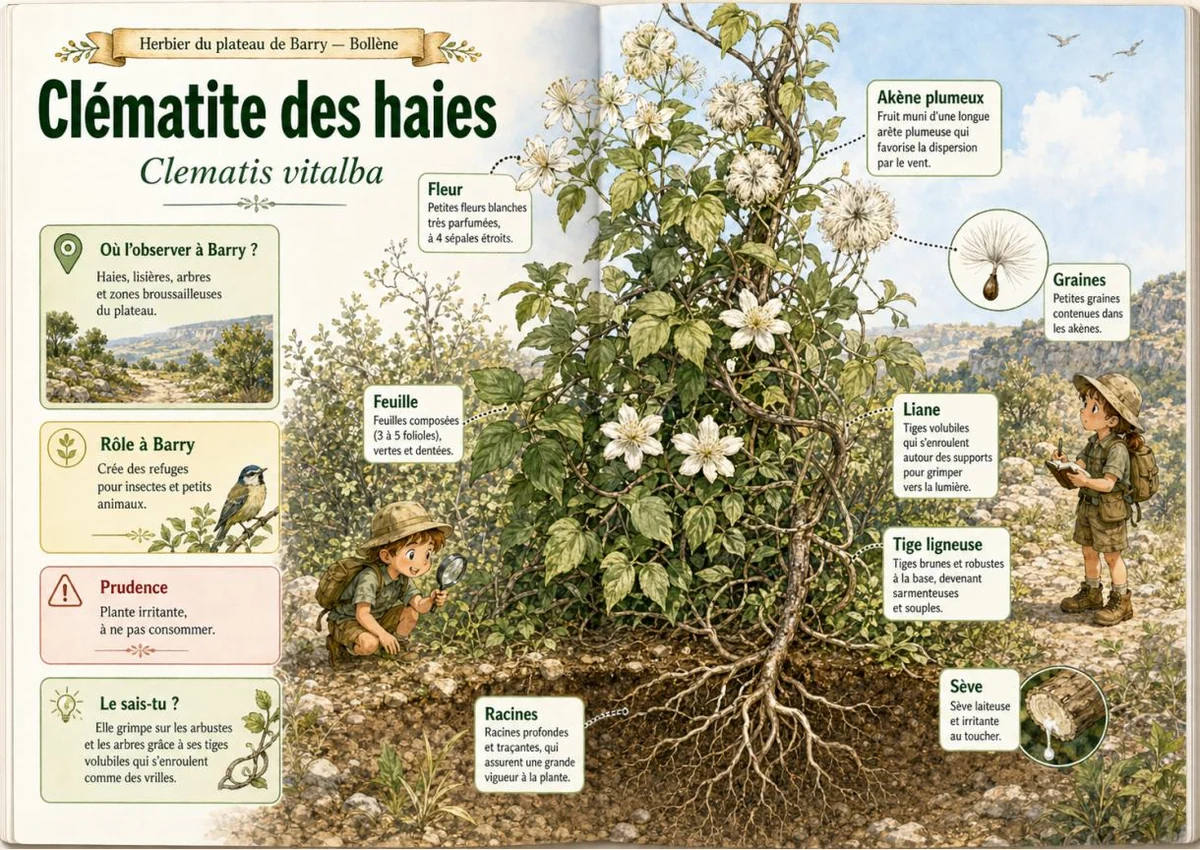 Infographie botanique sur Clématite des haies dans la flore du massif de Barry à Bollène
