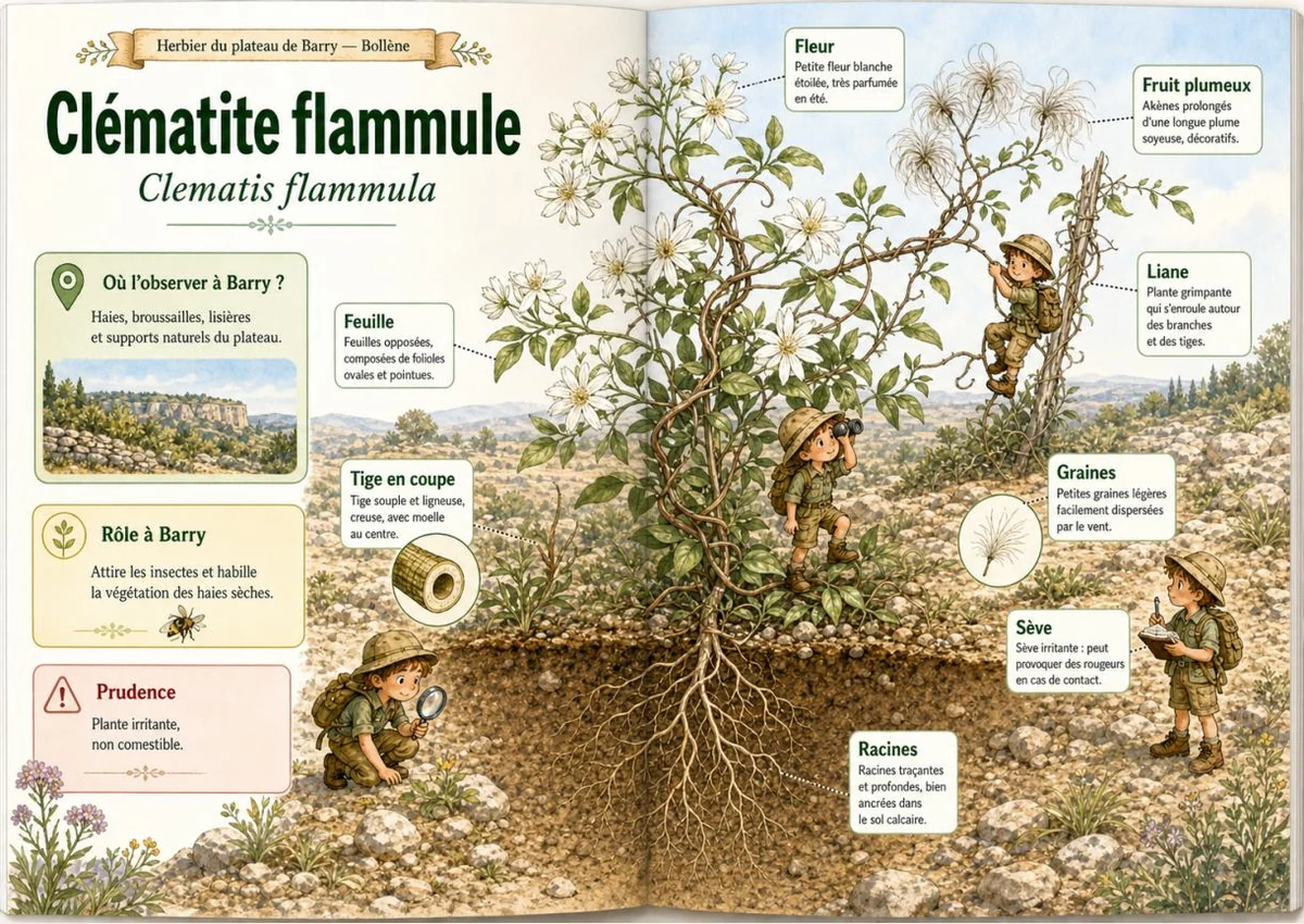 Infographie botanique sur Clématite flammule dans la flore du massif de Barry à Bollène