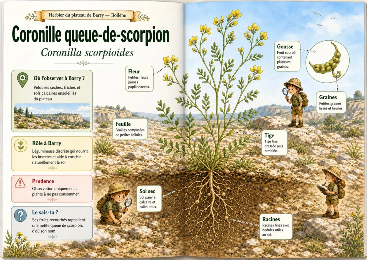 Infographie botanique sur Coronille queue-de-scorpion dans la flore du massif de Barry à Bollène