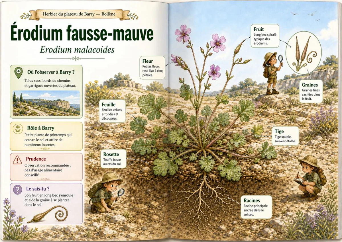 Infographie botanique sur Érodium fausse-mauve dans la flore du massif de Barry à Bollène