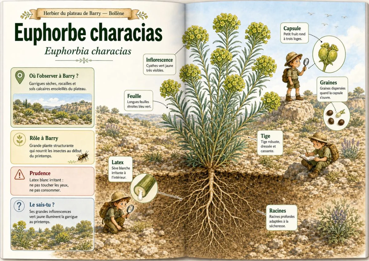 Infographie botanique sur Euphorbe characias dans la flore du massif de Barry à Bollène