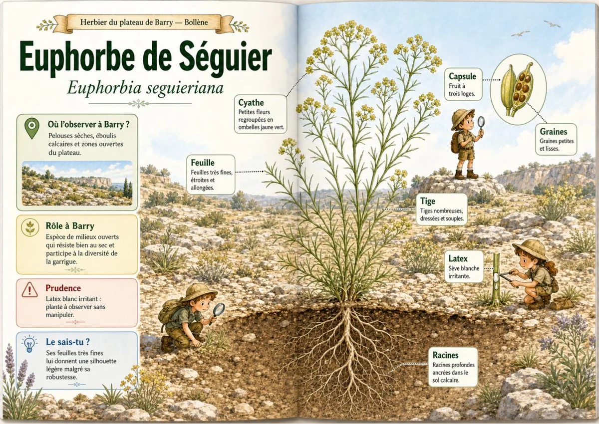 Infographie botanique sur Euphorbe de Séguier dans la flore du massif de Barry à Bollène