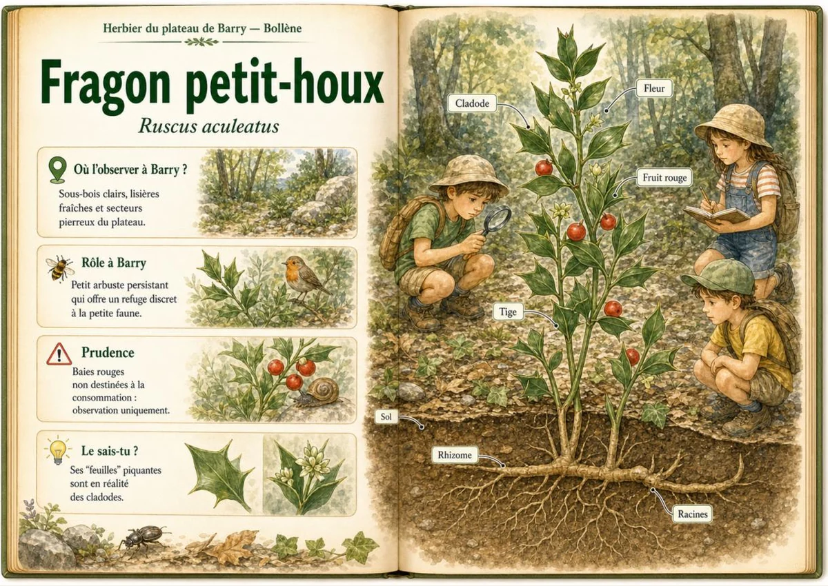 Infographie botanique sur Fragon petit-houx dans la flore du massif de Barry à Bollène