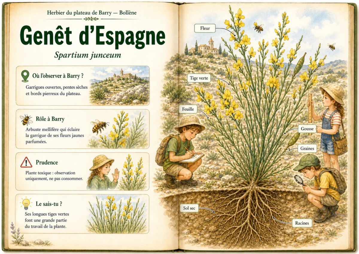 Infographie botanique sur Genêt d’Espagne dans la flore du massif de Barry à Bollène