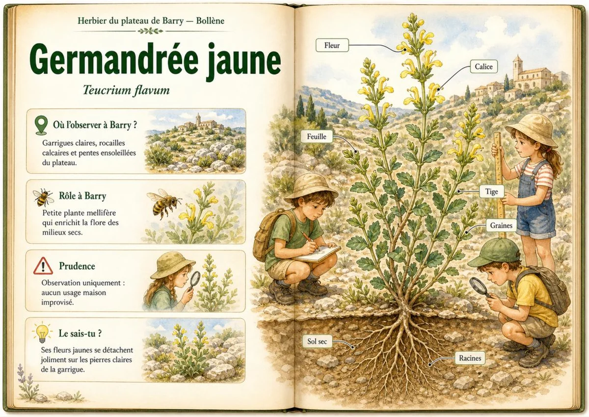 Infographie botanique sur Germandrée jaune dans la flore du massif de Barry à Bollène