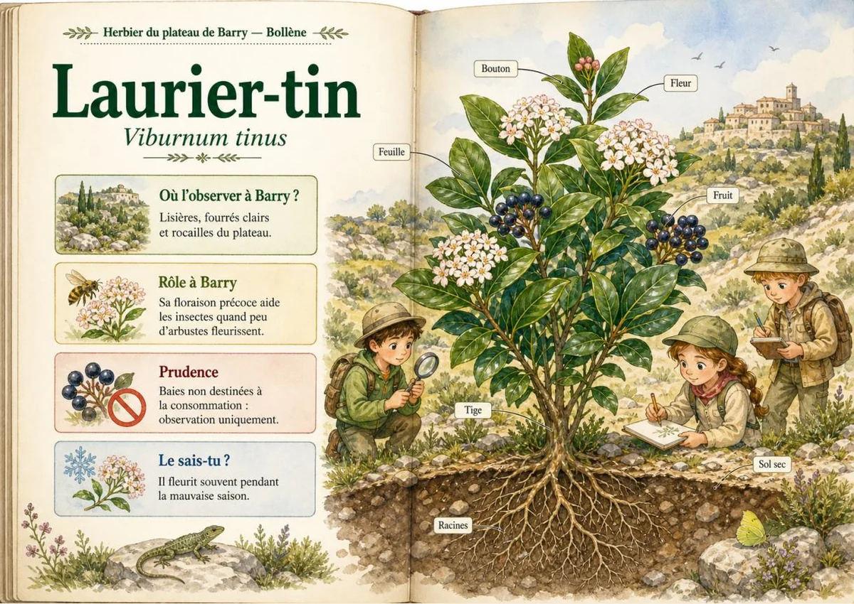 Infographie botanique sur Laurier-tin dans la flore du massif de Barry à Bollène