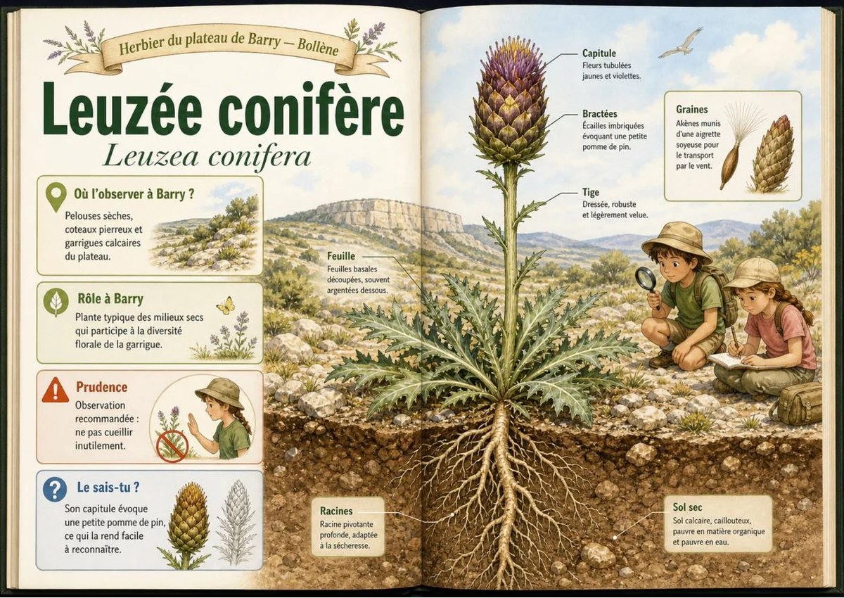 Infographie botanique sur Leuzée conifère dans la flore du massif de Barry à Bollène