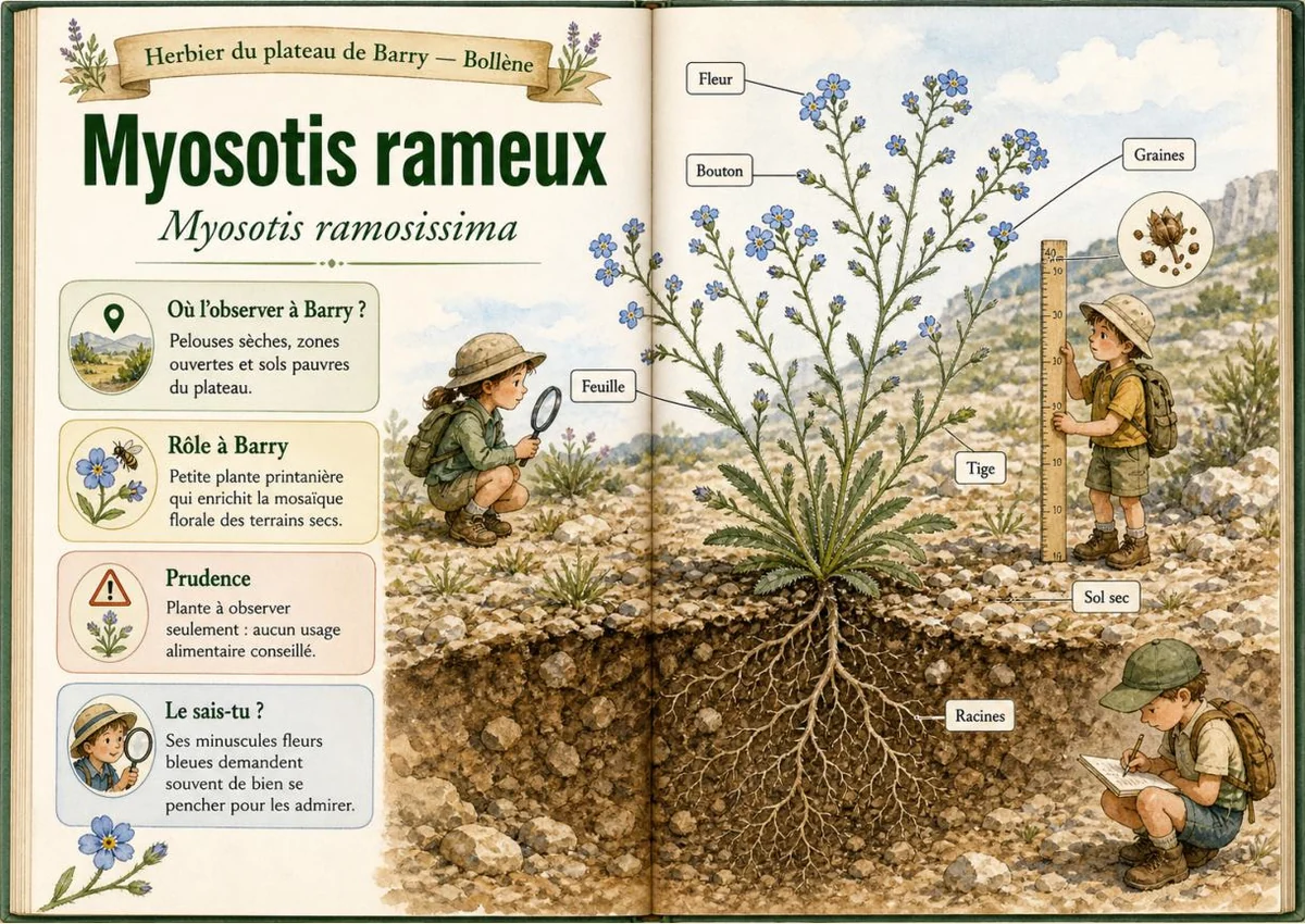 Infographie botanique sur Myosotis rameux dans la flore du massif de Barry à Bollène