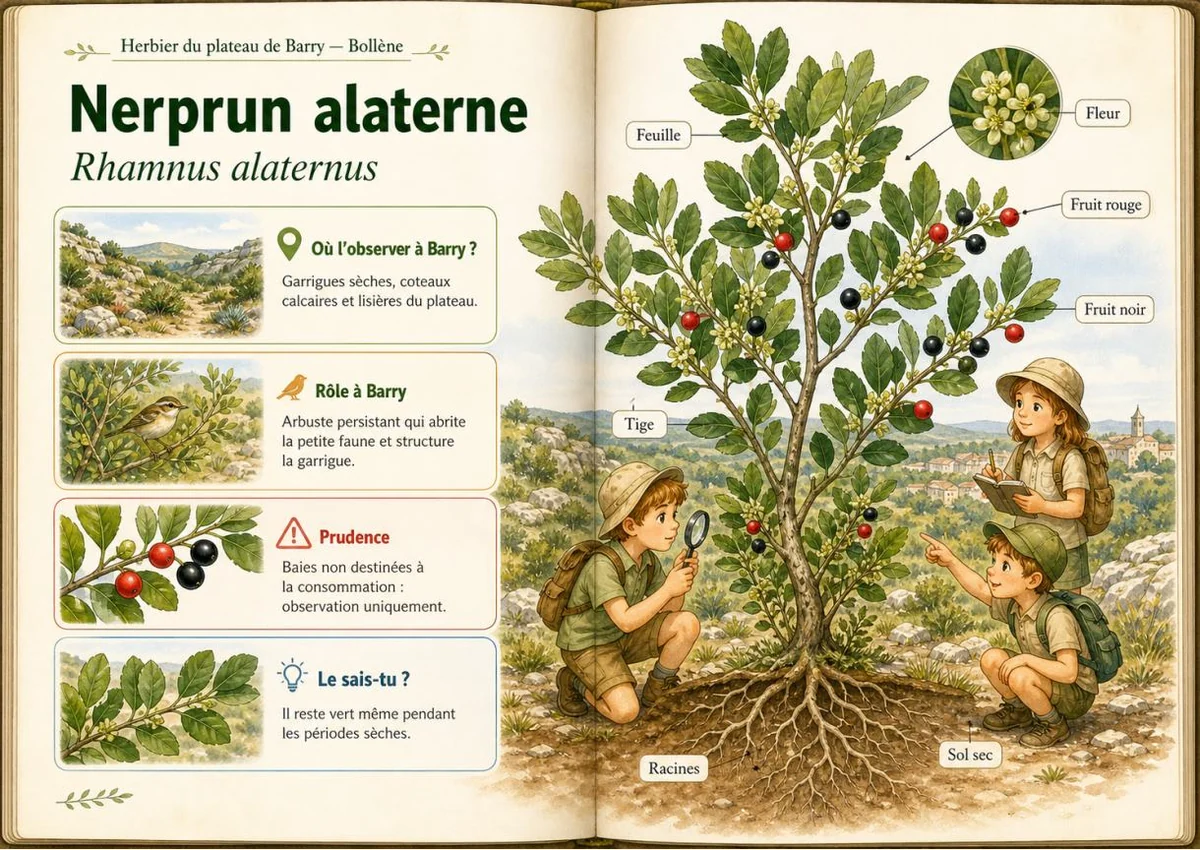 Infographie botanique sur Nerprun alaterne dans la flore du massif de Barry à Bollène