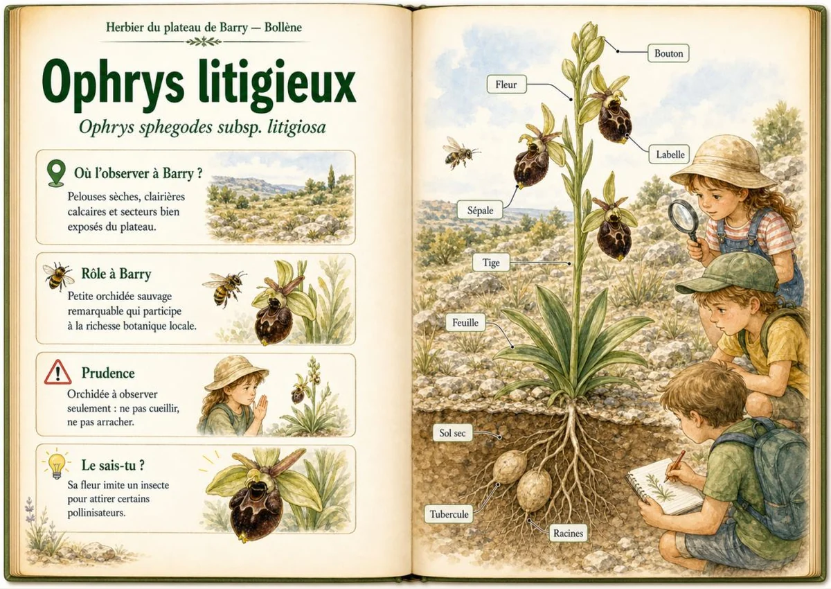 Infographie botanique sur Ophrys litigieux dans la flore du massif de Barry à Bollène