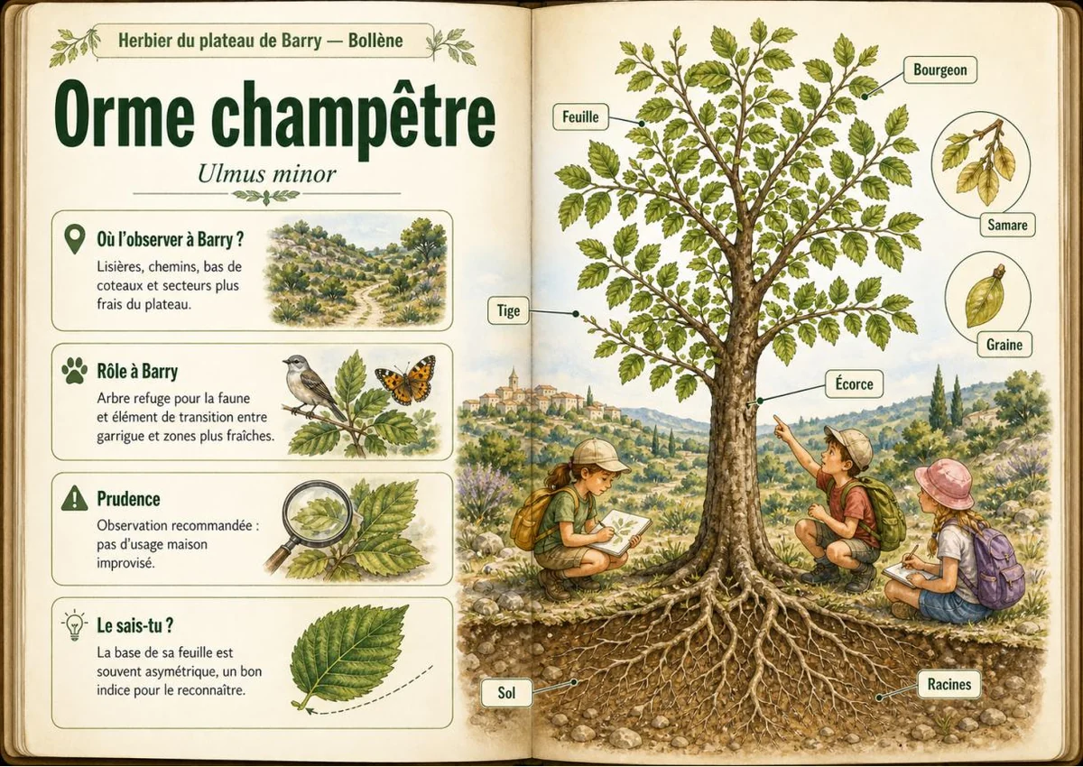 Infographie botanique sur Orme champêtre dans la flore du massif de Barry à Bollène