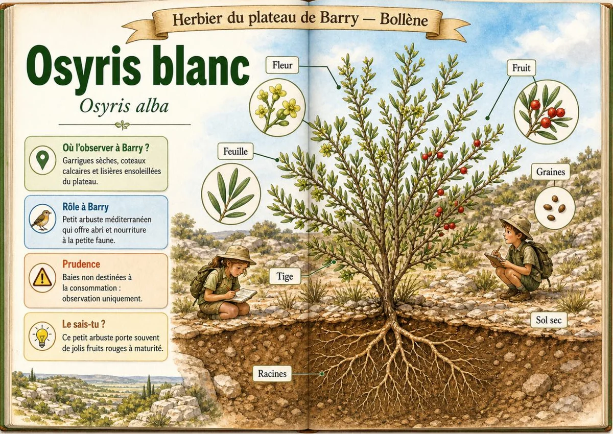 Infographie botanique sur Osyris blanc dans la flore du massif de Barry à Bollène