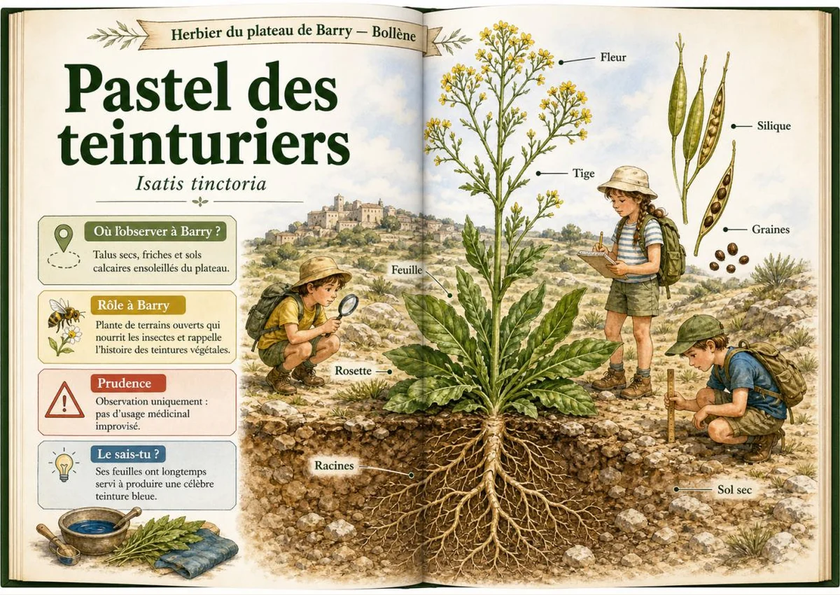 Infographie botanique sur Pastel des teinturiers dans la flore du massif de Barry à Bollène