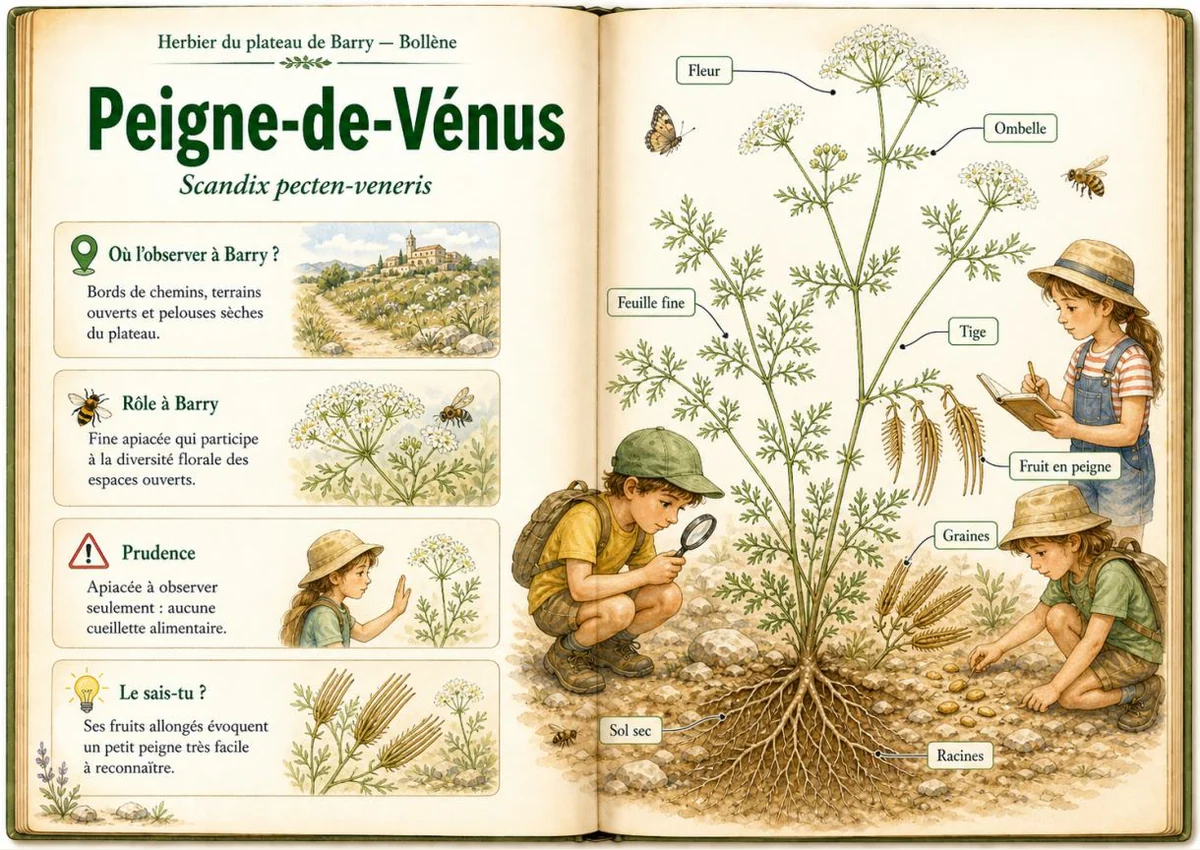 Infographie botanique sur Peigne-de-Vénus dans la flore du massif de Barry à Bollène