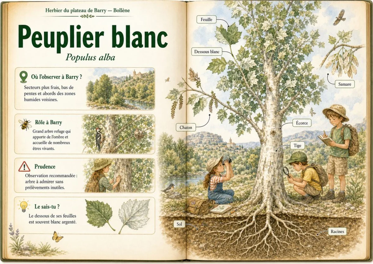 Infographie botanique sur Peuplier blanc dans la flore du massif de Barry à Bollène
