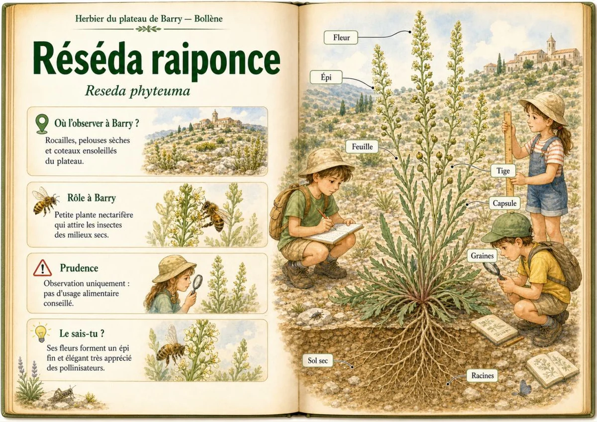 Infographie botanique sur Réséda raiponce dans la flore du massif de Barry à Bollène
