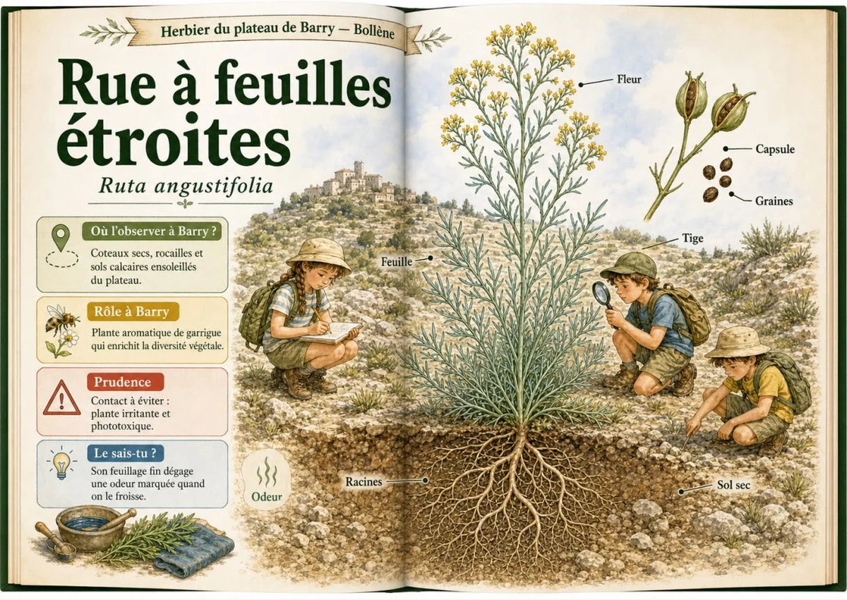 Infographie botanique sur Rue à feuilles étroites dans la flore du massif de Barry à Bollène