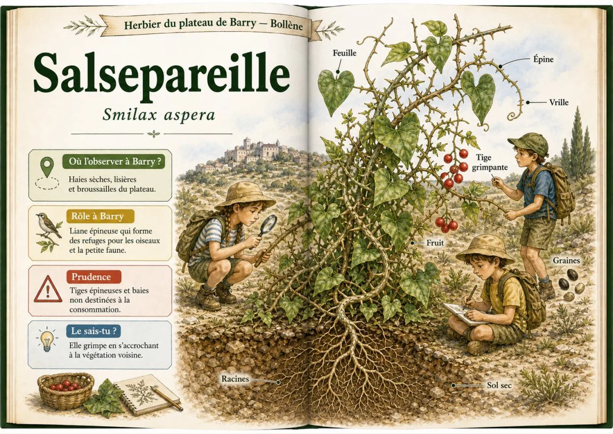 Infographie botanique sur Salsepareille dans la flore du massif de Barry à Bollène