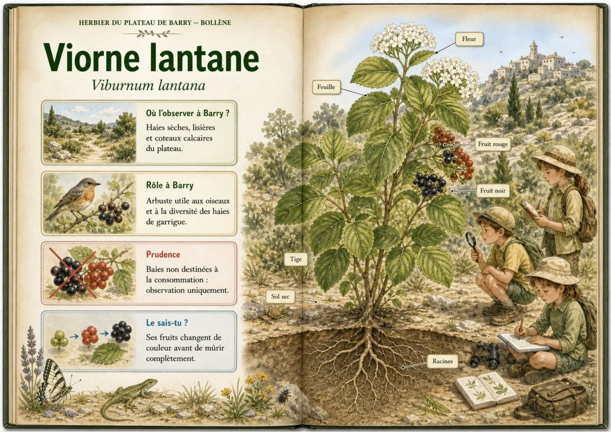 Infographie botanique sur Viorne lantane dans la flore du massif de Barry à Bollène
