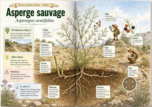 Infographie botanique sur Asperge sauvage dans la flore du massif de Barry à Bollène
