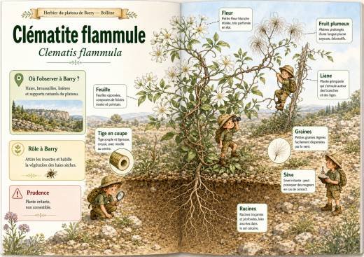 Infographie botanique sur Clématite flammule dans la flore du massif de Barry à Bollène