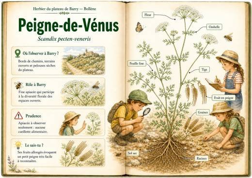 Infographie botanique sur Peigne-de-Vénus dans la flore du massif de Barry à Bollène