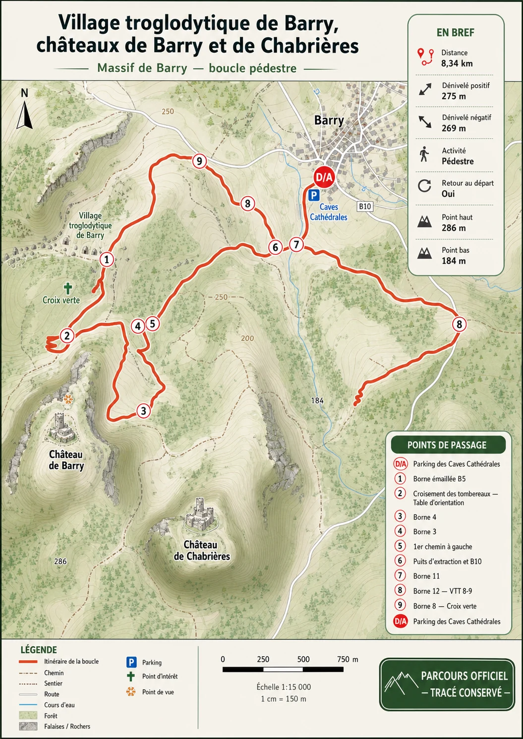Carte premium de la boucle dans le Massif de Barry au départ de Bollène, avec tracé officiel conservé, départ Montée de Barry, points D/A à 9, Grotte de l’Ermite, Enclume et Château de Chabrières.