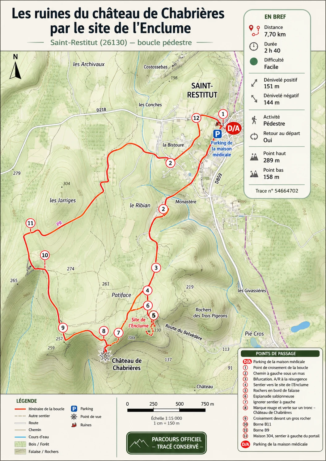 Carte premium de lecture du parcours Les ruines du château de Chabrières par le site de l’Enclume, avec départ au parking de la maison médicale, points D/A à 12, Site de l’Enclume et Château de Chabrières.